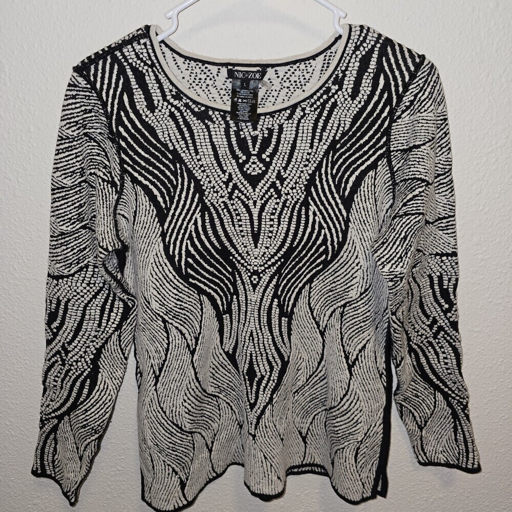 NIC+ZOE Black Cream Abstract Knit Sweater Womens Large L Textured Scoop Neck